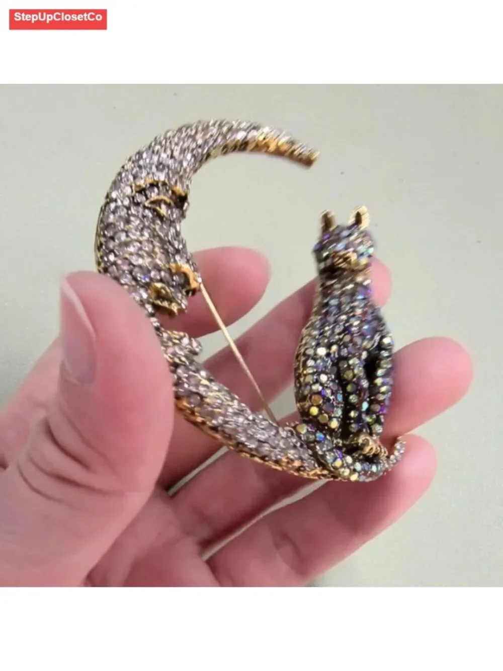 Rhinestone Cat on Moon Brooch Pin Vintage AB Crystal Kitten Crescent Celestial